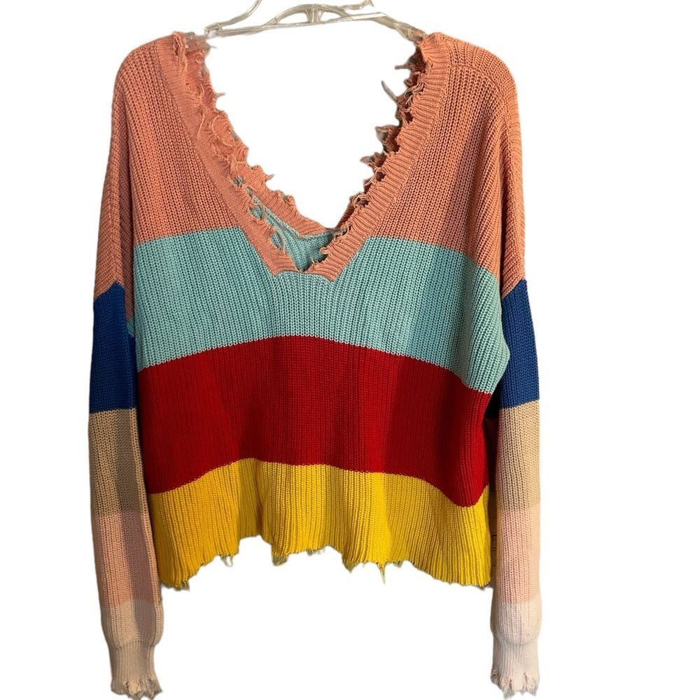 Fate Distressed Color Block  V Cut Sweater Top Striped 100% Cotton Large